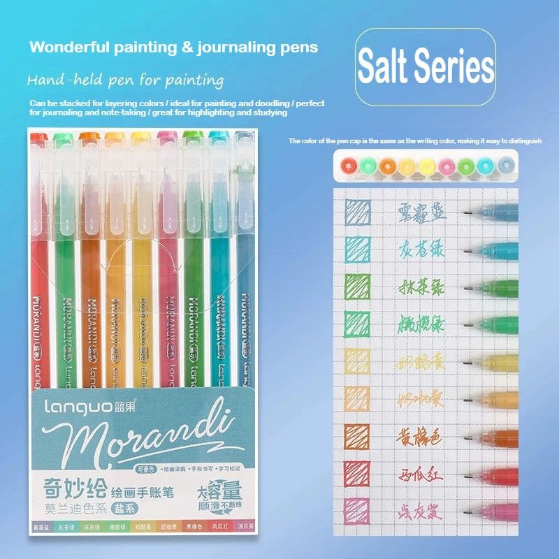 A set of Morandi gel pens in the Salt Series featuring various colors and designs for painting and journaling.