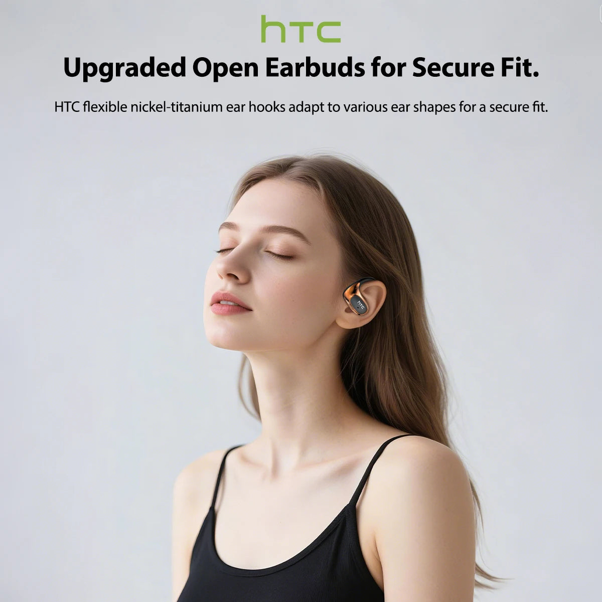 A woman is shown wearing HTC flexible nickel-titanium ear hooks for a secure fit.