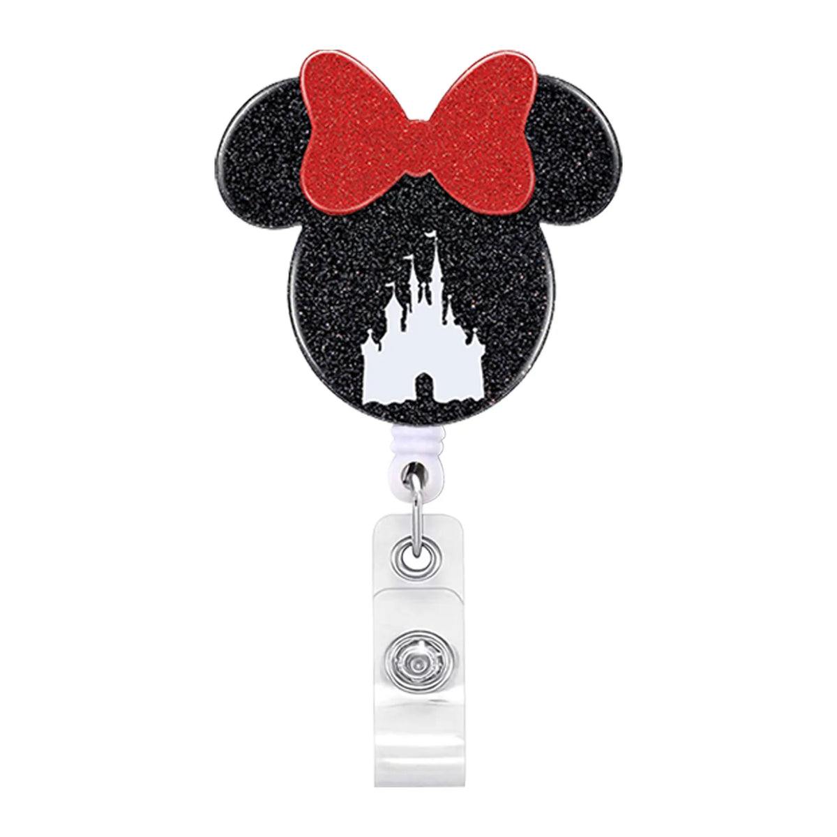 Schwarzes Mickey Mouse-Thema-Badge-Reel mit roter Schleife und Burgsilhouette.