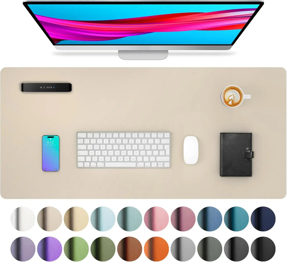 A large tan desk mat featuring various color circles for a laptop and keyboard setup.