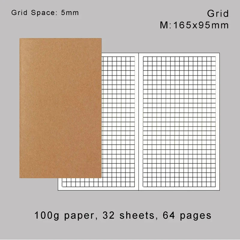 A rectangular piece of brown paper is shown next to a grid pattern, illustrating 100g paper inserts for notebooks and journal