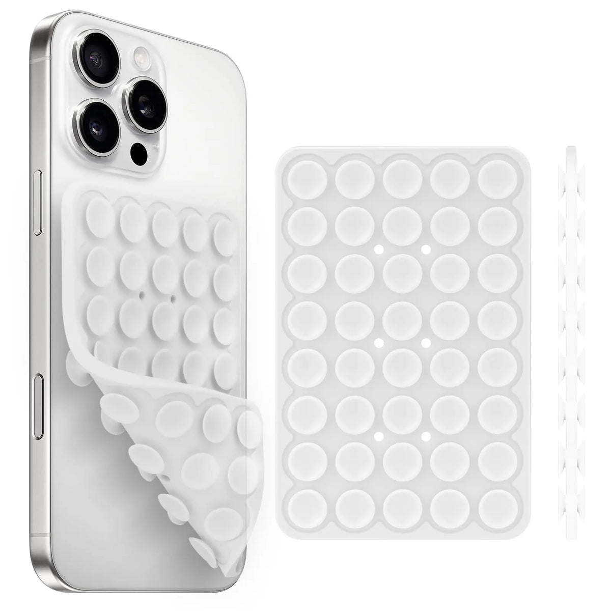 A white silicone suction cup phone holder with multiple suction cups and a matching silicone pad.