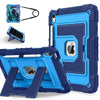 A blue protective case for an Apple iPad is shown with an included charging cable and a separate iPad device.