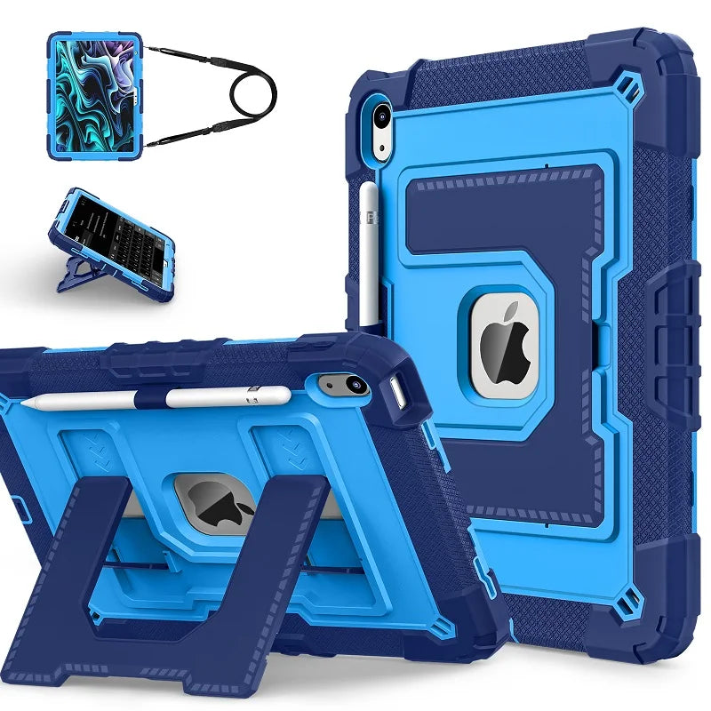 A blue protective case for an Apple iPad is shown with an included charging cable and a separate iPad device.