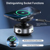 A black magnetic wireless car phone charger with a suction cup port is shown, demonstrating its functions.