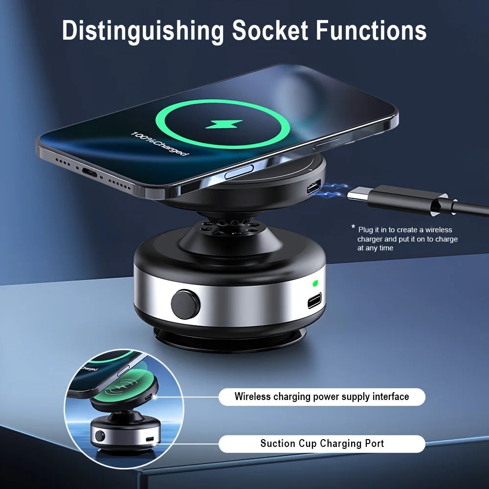 A black magnetic wireless car phone charger with a suction cup port is shown, demonstrating its functions.