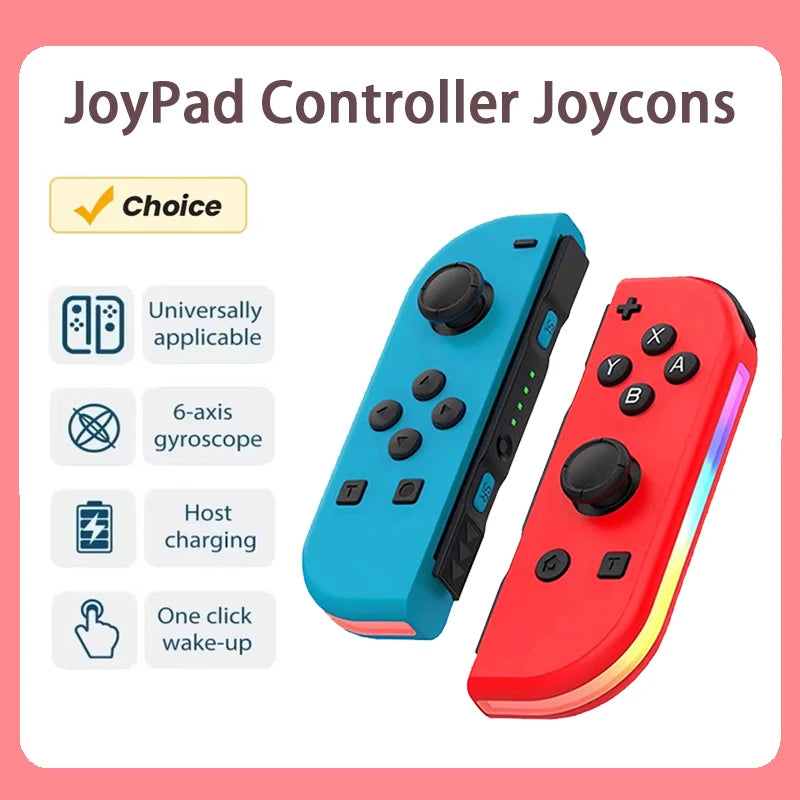 A pair of blue and red Joypad controllers shown with features like universal applicability, 6-axis gyroscope, host charging, 