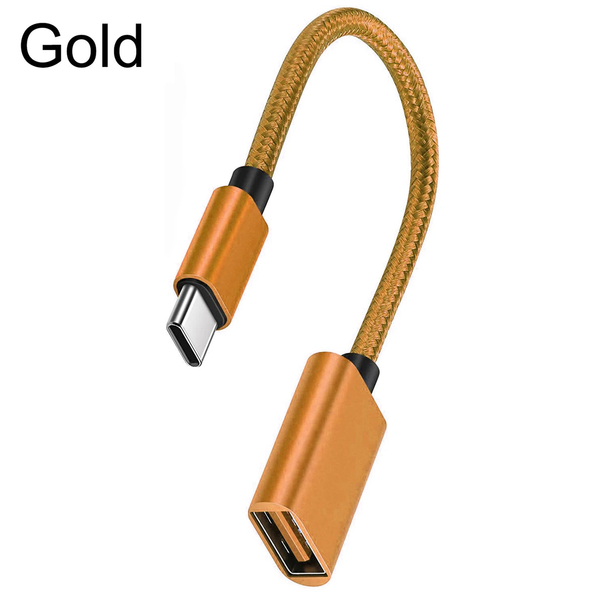 Gold colored USB-C to USB-A OTG adapter cable with a braided jacket.