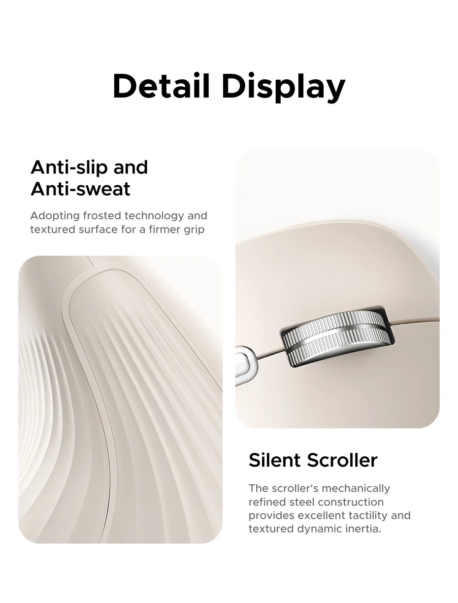 Detail display of an ergonomic vertical wireless mouse showing anti-slip and anti-sweat features.
