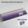 A white keyboard display shows a set of purple PBT keycaps with side-printed legends.