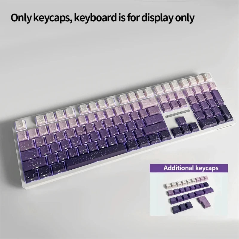 A white keyboard display shows a set of purple PBT keycaps with side-printed legends.