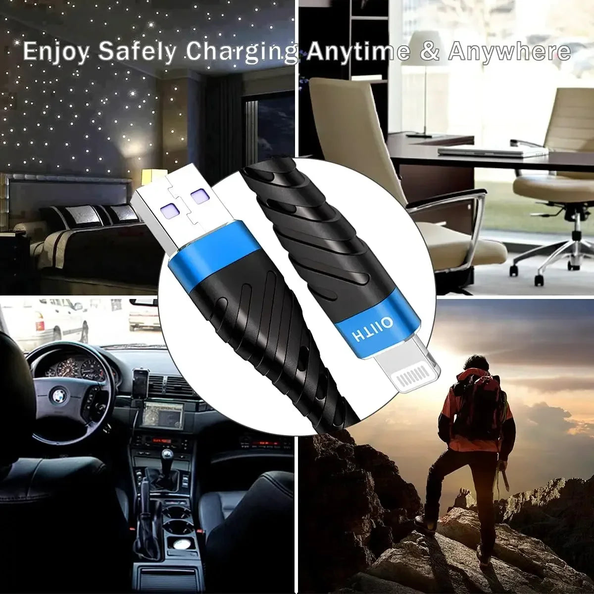 A black durable fast charging USB cable is shown in various contexts including a bedside, a car interior, and outdoors.