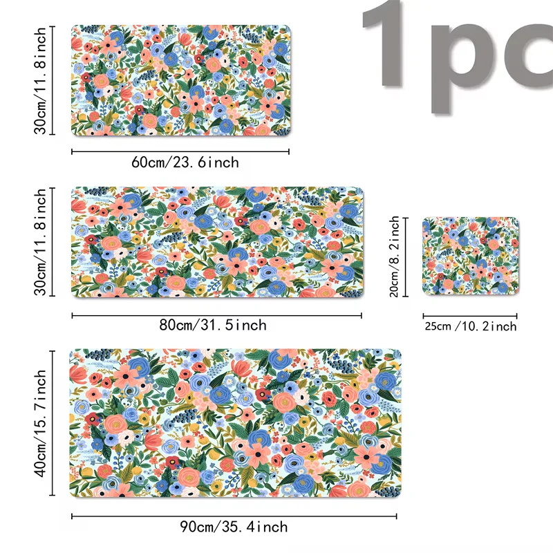 A collection of three floral designs for a large mouse pad with non-slip rubber base, showing various patterns and sizes.