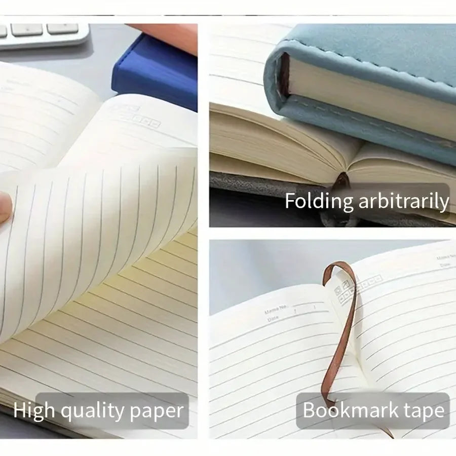 A close-up of an A5 retro leather notebook showing high quality paper and a bookmark tape.