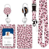 A pink leopard print retractable ID badge holder with a silver clip and a clear plastic card slot.