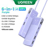 A purple UGREEN 6-in-1 hub featuring USB ports, HDMI output, and a silicone cable.