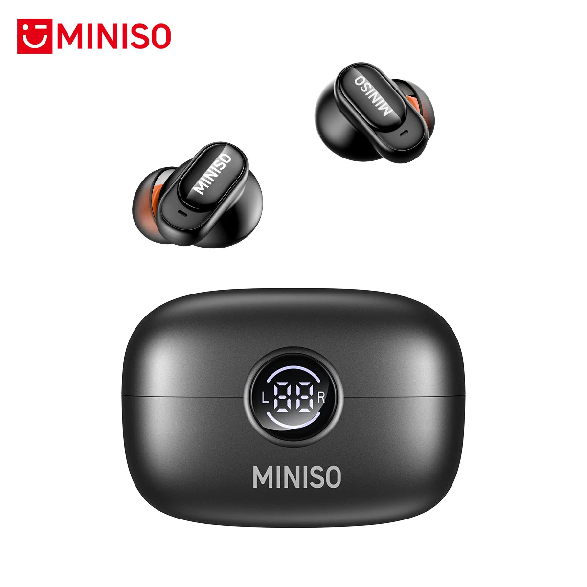 A black pair of MINISO Bluetooth earphones with a microphone shown in various views.