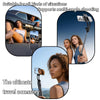 A multi-angle shooting selfie stick tripod is shown supporting a person for photography and travel.