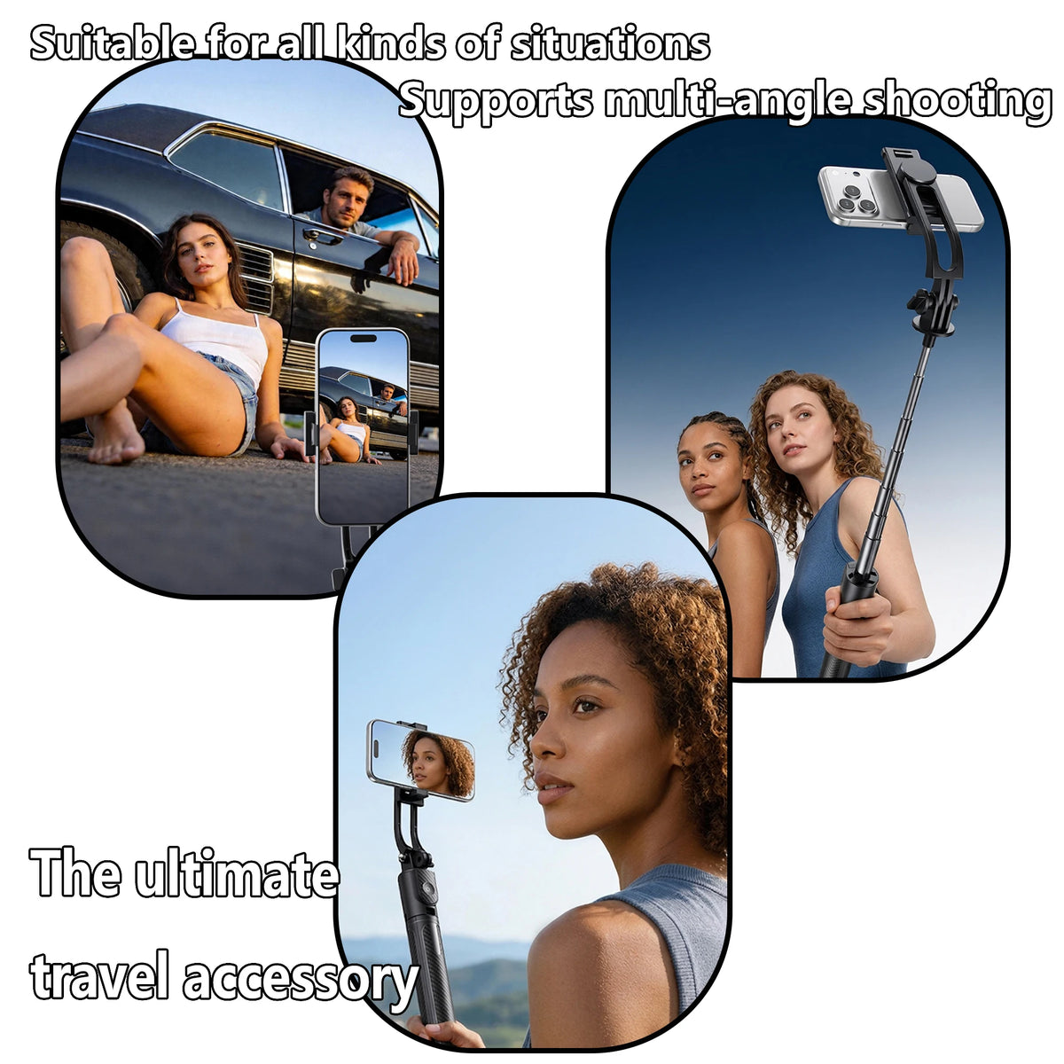 A multi-angle shooting selfie stick tripod is shown supporting a person for photography and travel.