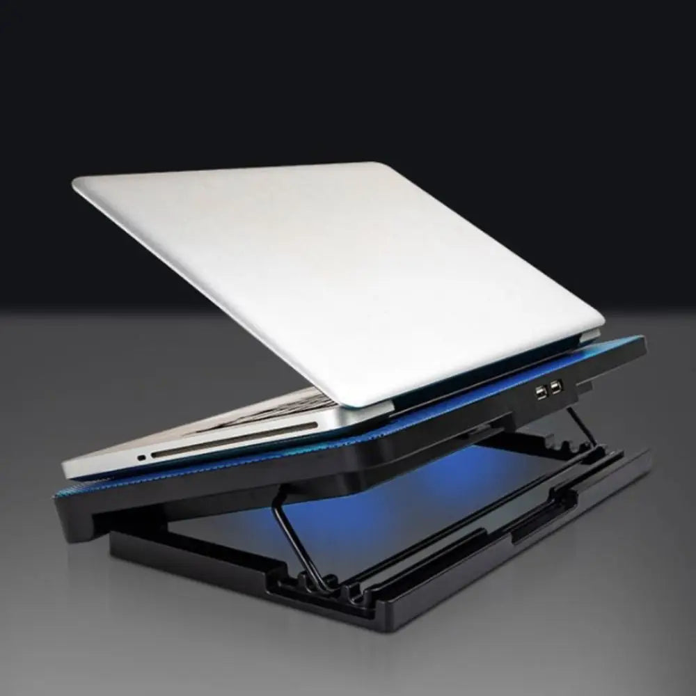 An adjustable metal laptop cooling pad with an integrated LED fan shown in a black and silver color scheme.