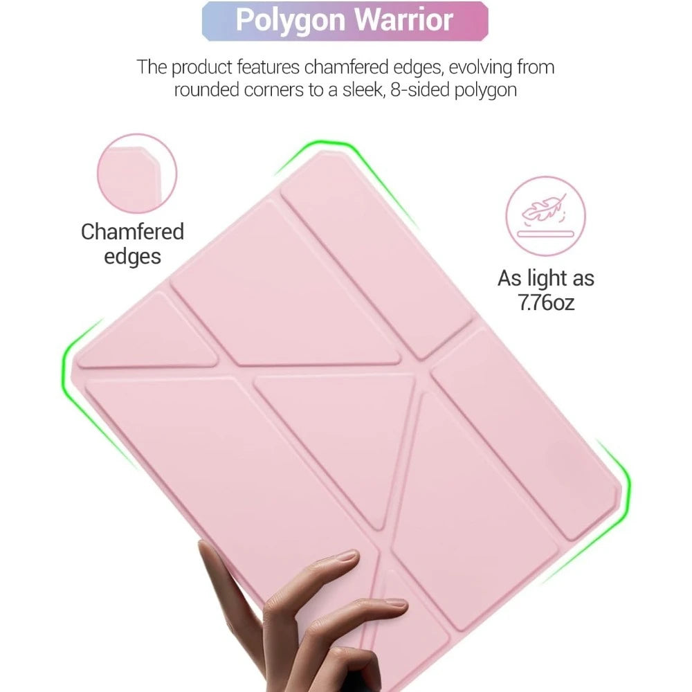 A pink polygon warrior case for an iPad is shown with features like chamfered edges and 8-sided polygon design.