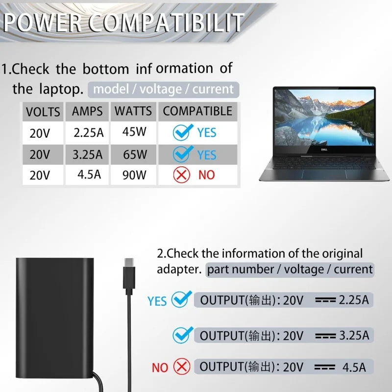 Instrucciones para verificar la compatibilidad de energía de la laptop y las especificaciones del adaptador original.
