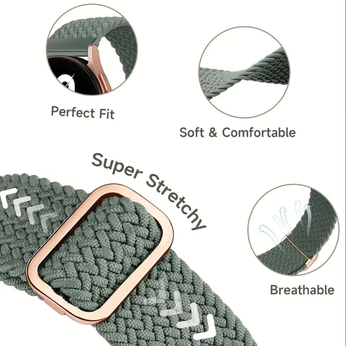 A close-up view of a gray nylon watch strap for smartwatches, showing its texture and fit.