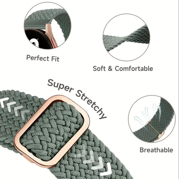 A close-up view of a gray nylon watch strap for smartwatches, showing its texture and fit.