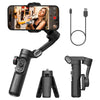 A black 3-axis handheld gimbal stabilizer for a smartphone shown with its components and a smartphone mount.
