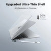 A silver laptop is shown with an upgraded ultra-thin shell, demonstrating a 30% reduction in thickness.