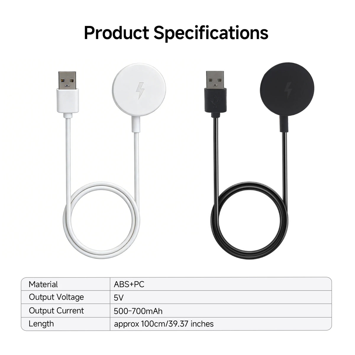 A white and black magnetic wireless charging cable with a USB connector and a circular charging head.