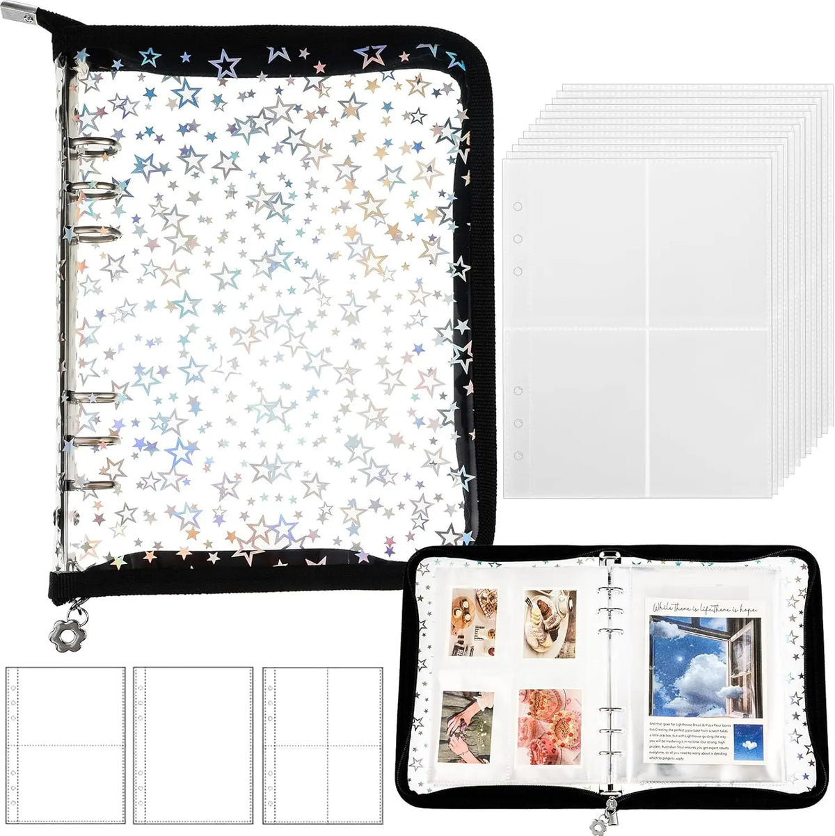 A black sticker organizer binder with clear storage pockets and a spiral binding.