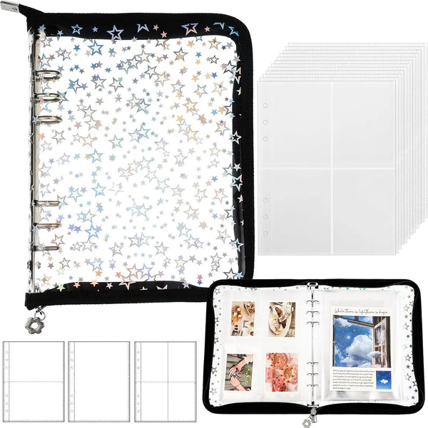 A black sticker organizer binder with clear storage pockets and a spiral binding.