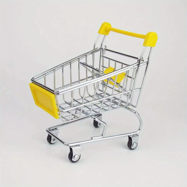 A silver mini shopping cart desktop organizer with yellow accents and rolling wheels.