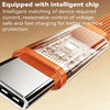 A close-up view of a transparent charging cable with an integrated stand and orange connector.
