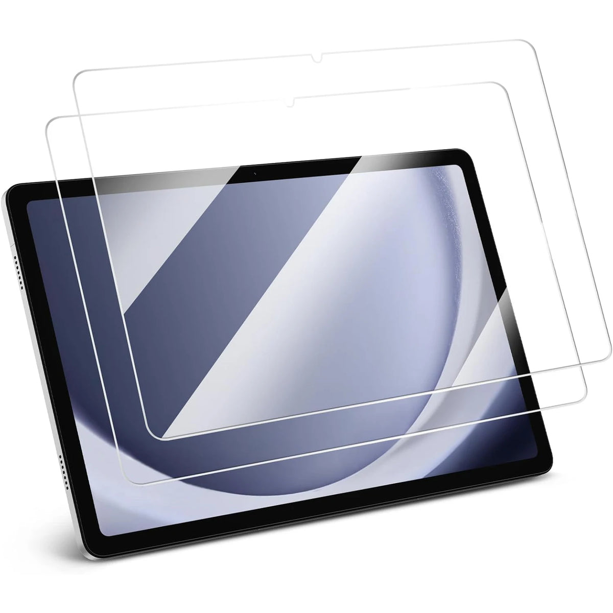 A Lenovo Tab M10 HD tablet displaying a screen protector being applied, showing the glass and protective film.
