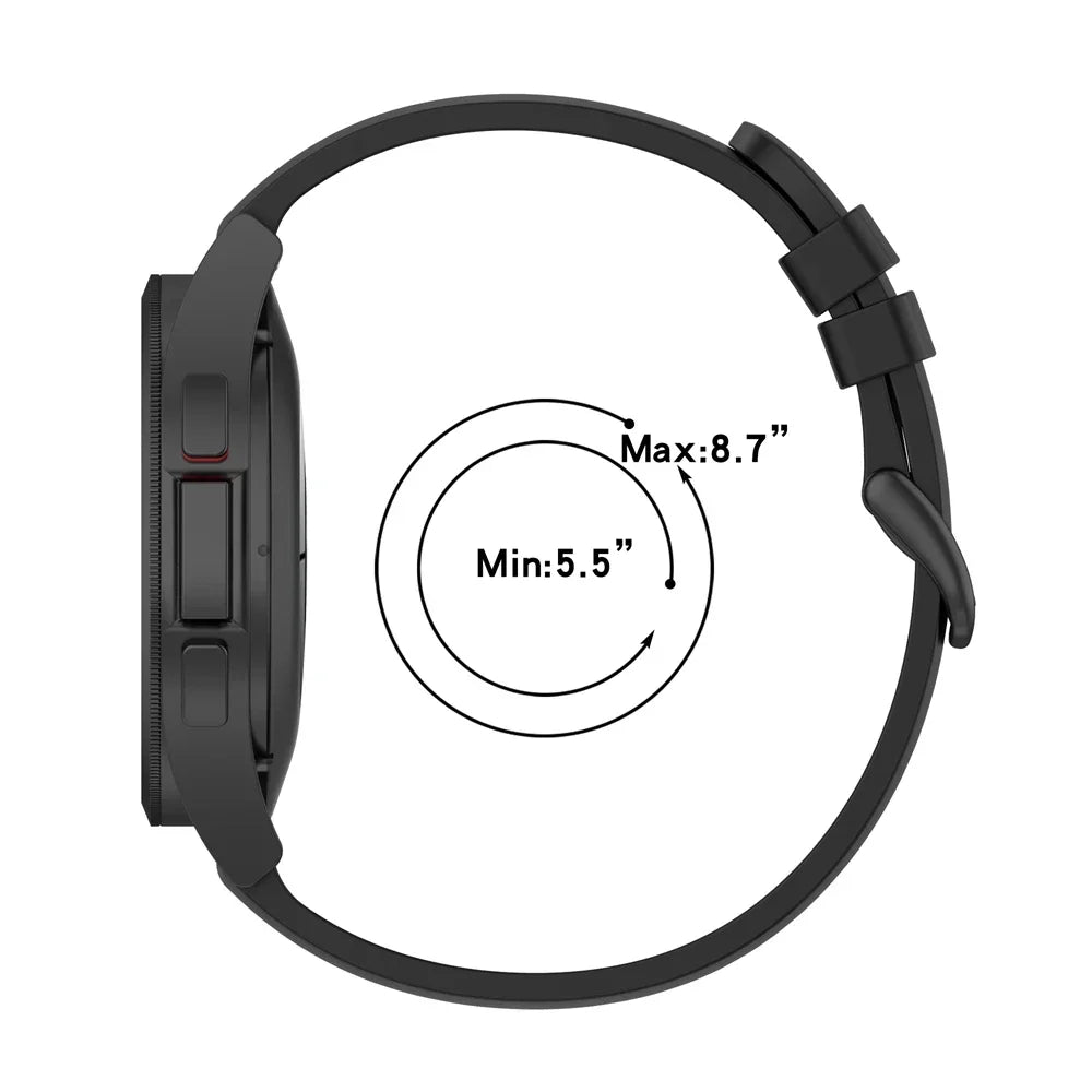 A black silicone watch band shown with a diameter range of 5.5 to 8.7 inches.