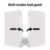 A white magnetic protective case for an Apple iPad showing two modes: one with a pen state and one without.