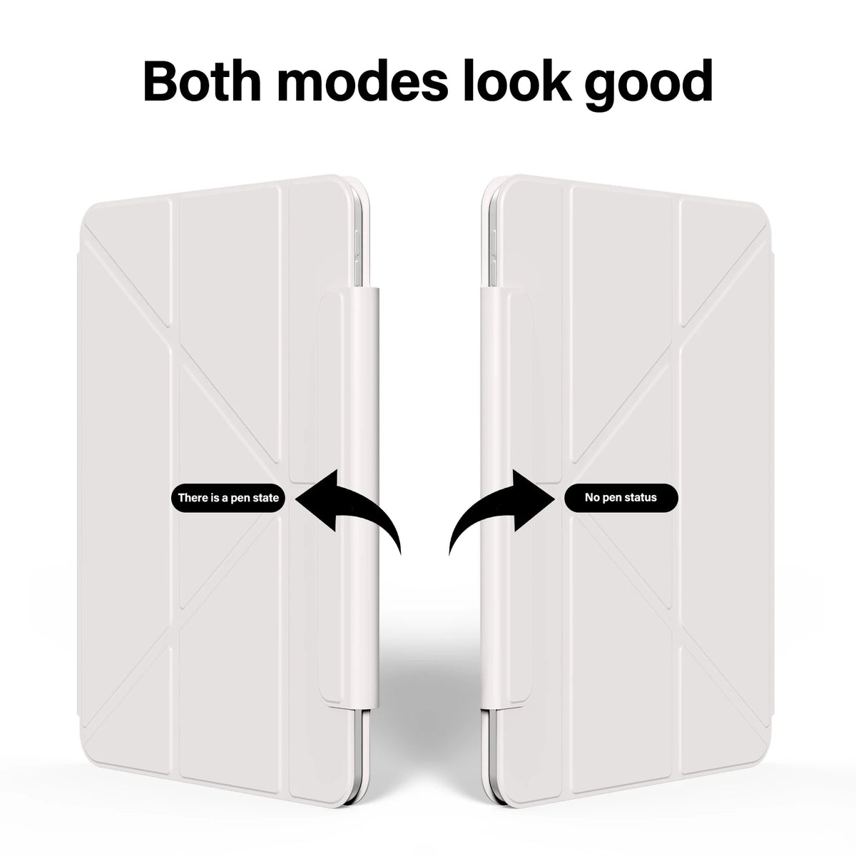 A white magnetic protective case for an Apple iPad showing two modes: one with a pen state and one without.