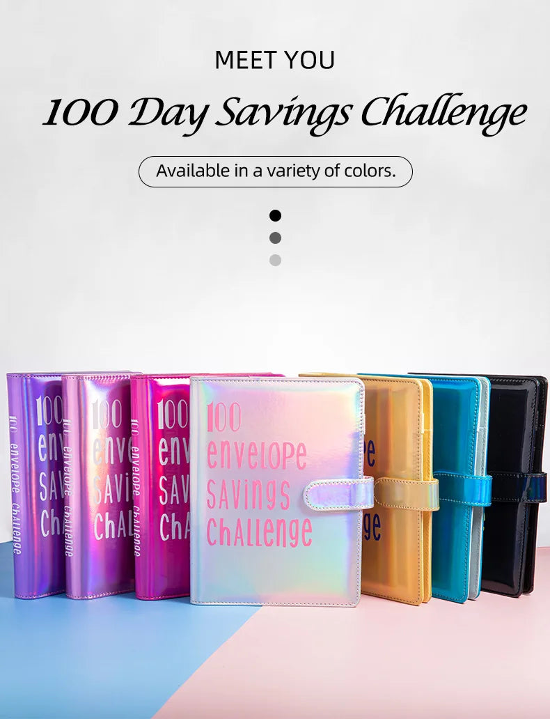 Eine Auswahl an farbenfrohen Umschlägen für eine 100-Tage-Spar-Challenge Produktlinie.