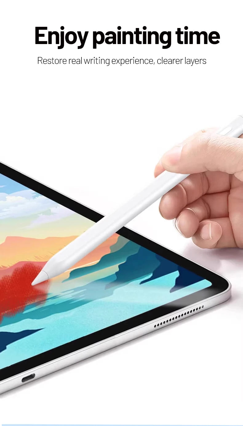 A hand holds a white stylus pen drawing on a digital tablet screen displaying colorful abstract painting layers.