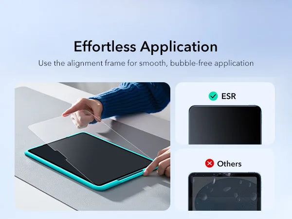 Eine Hand appliziert einen gehärteten Glasschutz auf ein iPad mit einer Ausrichtvorrichtung für eine glatte Anwendung.