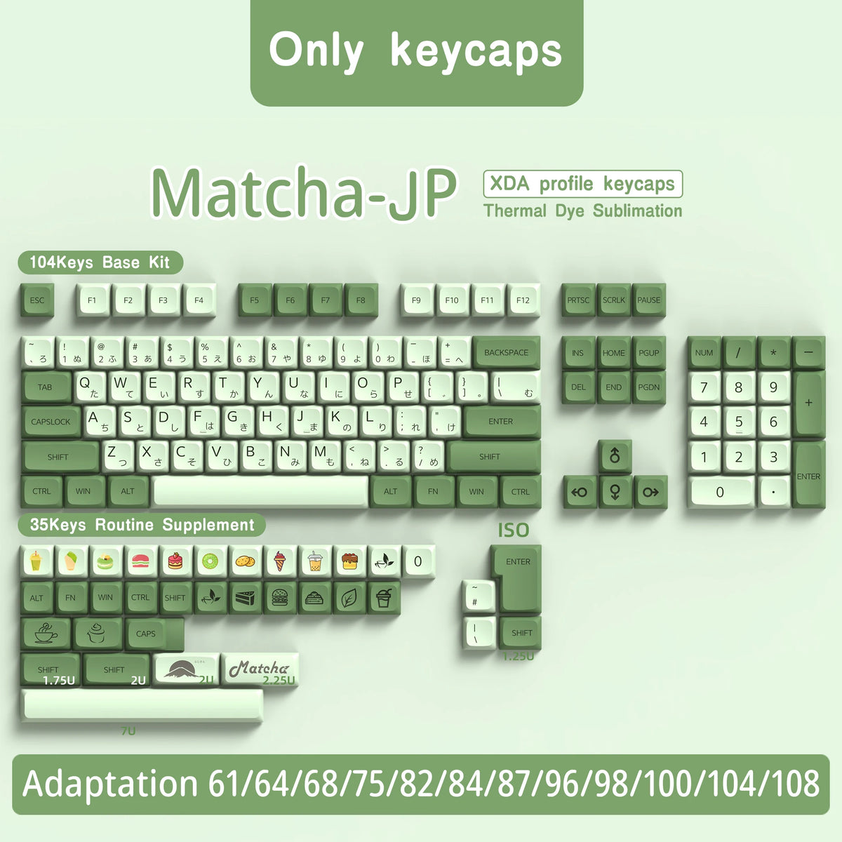 A set of Matcha-JP XDA profile PBT keycaps for mechanical keyboards, including base kits and routine supplements.