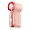 A pink portable USB rechargeable mini fan with a rotating blade visible on the top.