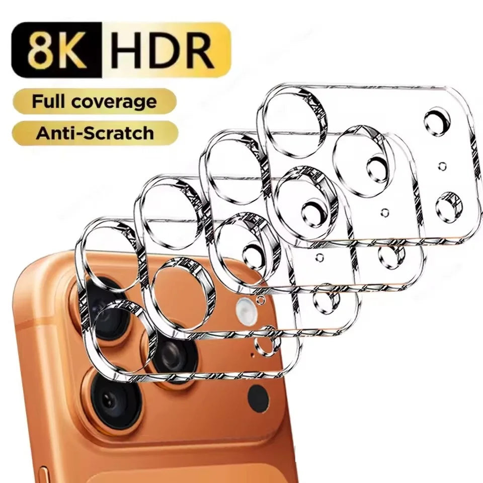 A clear anti-scratch tempered glass camera lens protector is shown being applied to the back of an orange iPhone.