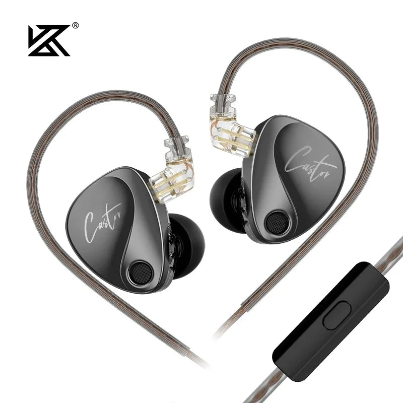 A pair of black KZ Castor earphones with detachable cables shown against a white background.