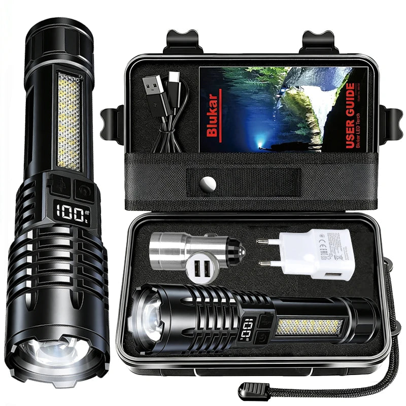 A black tactical LED flashlight with a zoom feature shown in its packaging and components.