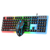 An RGB backlit wired keyboard and mouse combo featuring colorful keycaps and a blue casing.
