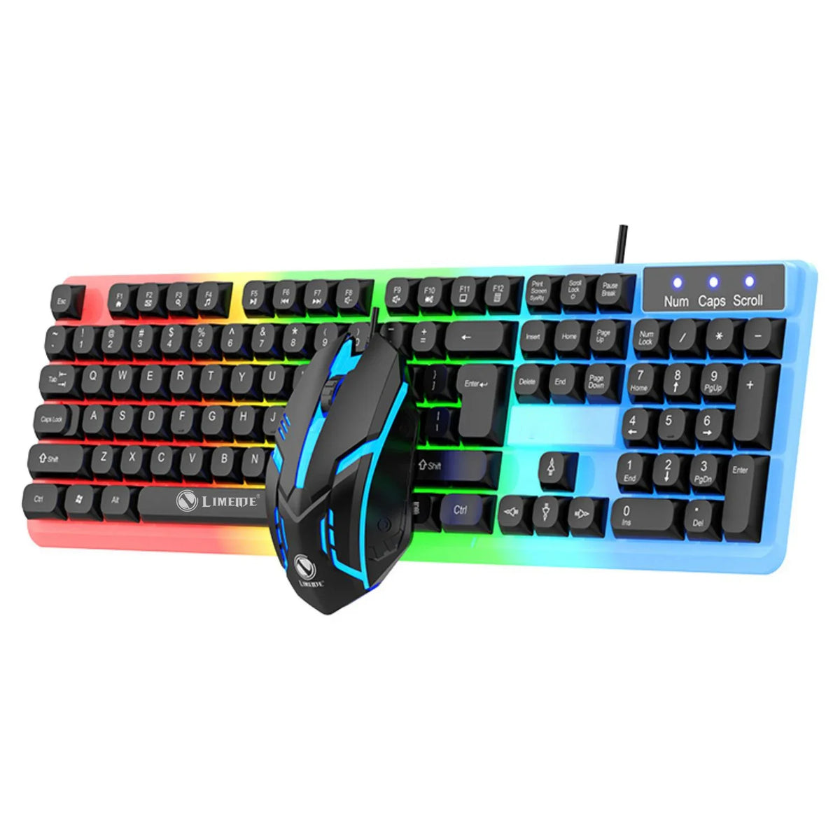 An RGB backlit wired keyboard and mouse combo featuring colorful keycaps and a blue casing.