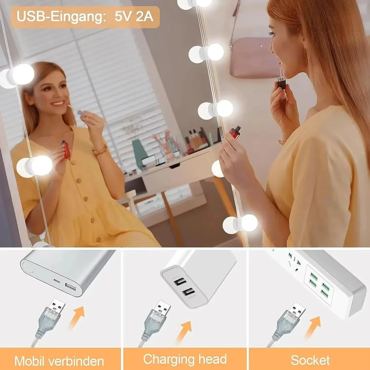 Close-up of a woman using an LED vanity mirror with a motion sensor for makeup application.